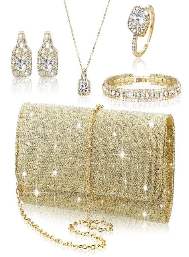 Canchiing 5 Pcs Rhinestone Jewelry Set for Women Glitter Bling Clutch Purse Necklace Earrings Bracelet Ring for Bride Wedding(Gold) - Image 1